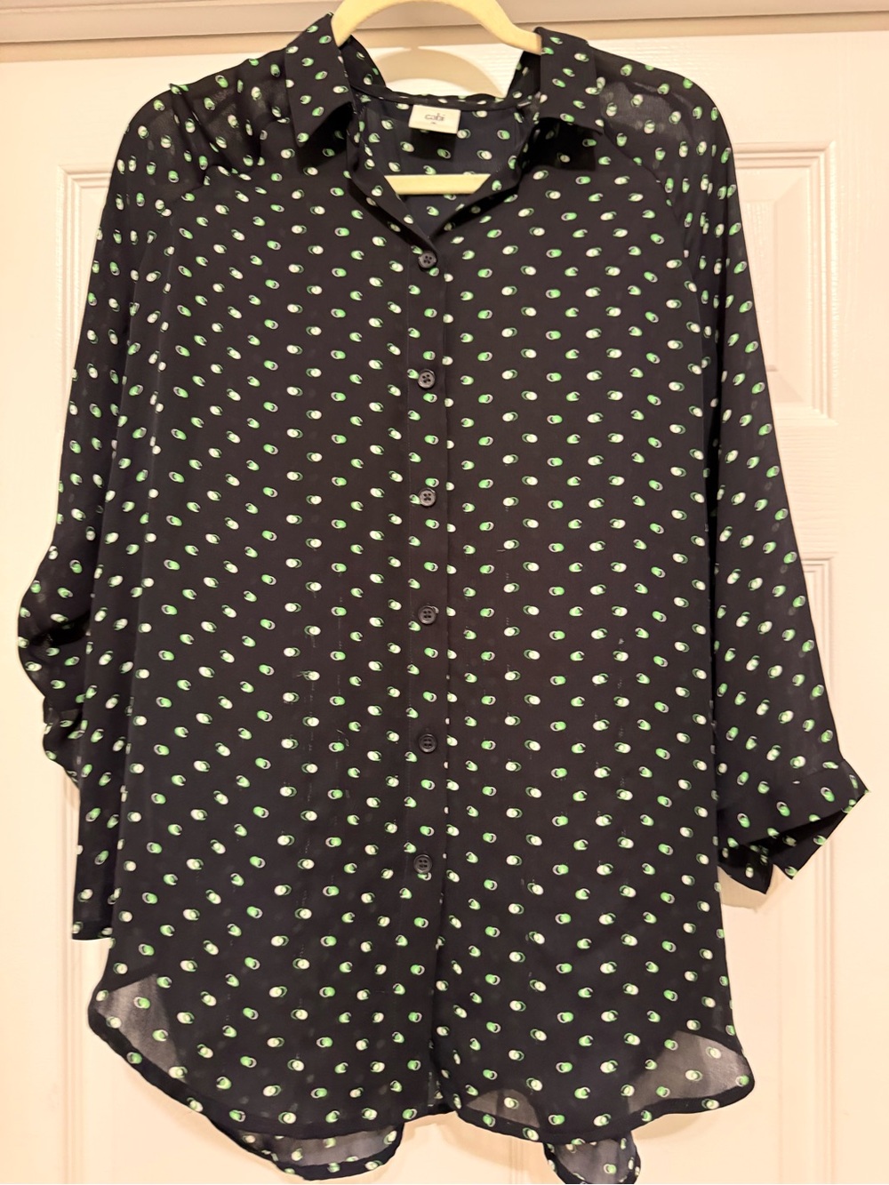 CAbi Black Button-Down Blouse with Green Dot Print